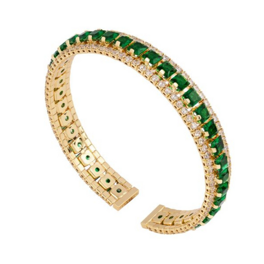 PULSEIRA REBECCA EM BRONZE BANHADO A OURO 24K COM PEDRAS VERDES E BRANCAS