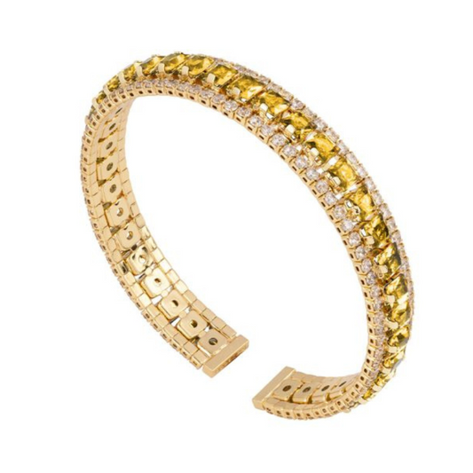 PULSEIRA REBECCA EM BRONZE BANHADO A OURO 24K COM PEDRAS BRANCAS E AMARELAS