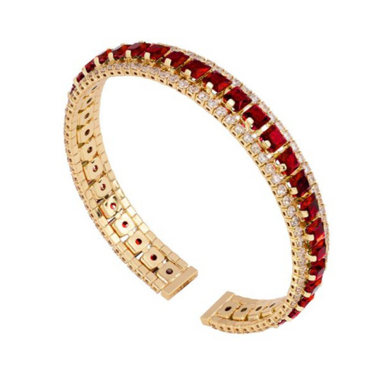 PULSEIRA REBECCA EM BRONZE BANHADO A OURO 24K COM PEDRAS BRANCAS E VERMELHAS