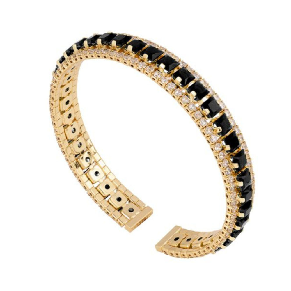 PULSEIRA REBECCA EM BRONZE BANHADO A OURO 24K COM PEDRAS PR3ETAS E BRANCAS