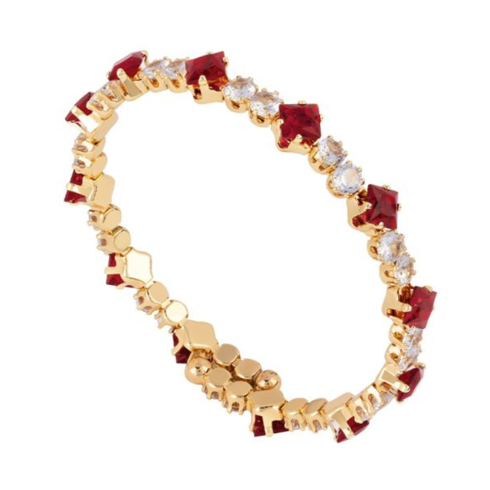 PULSEIRA REBECCA EM BRONZE BANHADO A OURO 24K COM PEDRAS VERMELHAS E BRANCAS