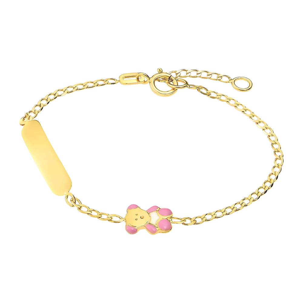 PULSEIRA EM OURO 9K COM PLACA P/ GRAVAÇÃO E URSO ROSA