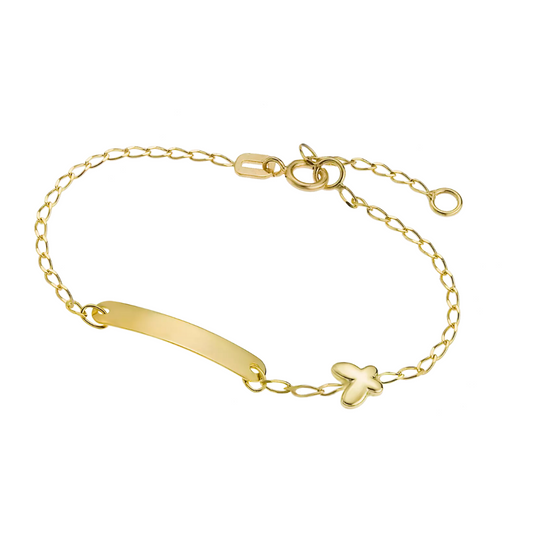 PULSEIRA EM OURO 9K COM PLACA P/ GRAVAÇÃO E BORBOLETA