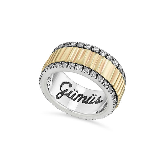 ANEL GÜMÜS EM PRATA 925% 13,0GR E OURO 375% 1,0GR C/ ZIRCONIAS