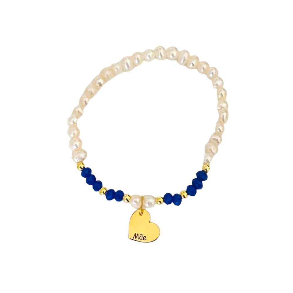 PULSEIRA MÃE EM PRATA 925% DOURADA C/PÉROLAS AGUA DOCE PEDRAS AZUIS