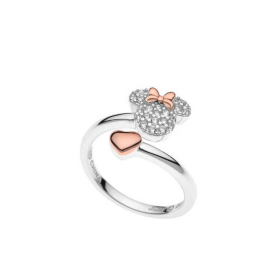 ANEL PRATA DISNEY 925 MINNIE COM ZIRCONIAS E CORAÇÃO ROSE GOLD