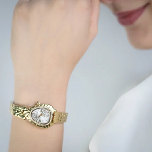 RELOGIO JUTS CAVALLI ANIMALIER DOURADO MOST. PRATA 24X27mm JC1L366M0055