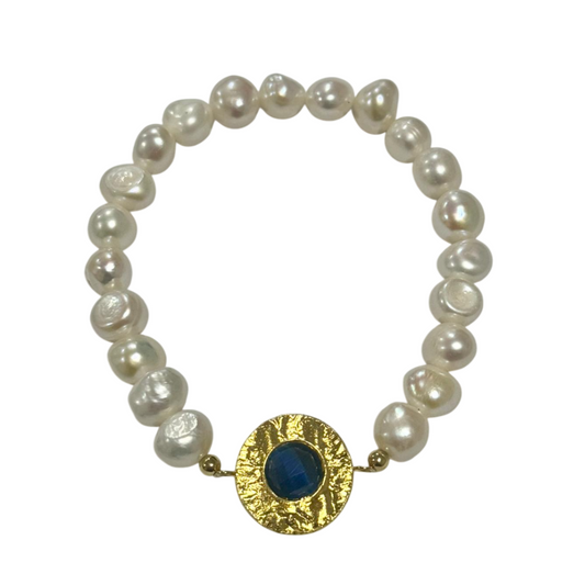 PULSEIRA EM PRATA 925 COM PEROLAS E PEDRA AZUL MARINHO