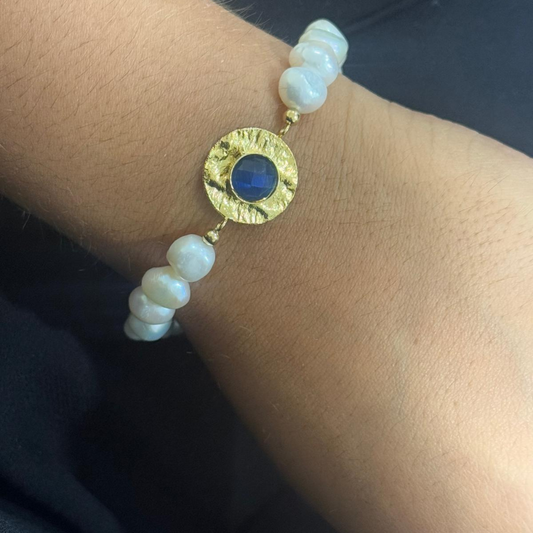 PULSEIRA EM PRATA 925 COM PEROLAS E PEDRA AZUL MARINHO
