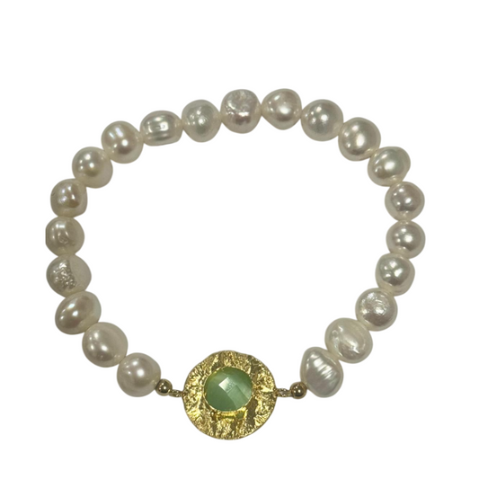 PULSEIRA EM PRATA 925 COM PEROLAS E PEDRA VERDE