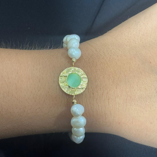 PULSEIRA EM PRATA 925 COM PEROLAS E PEDRA VERDE