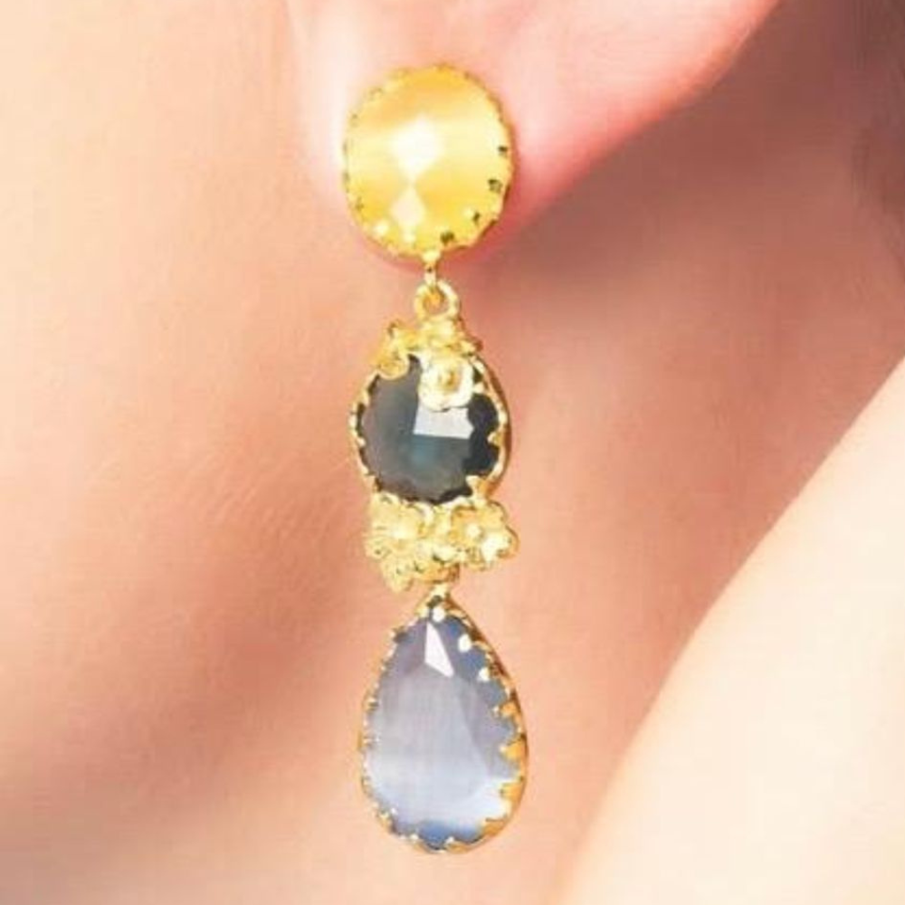 BRINCOS FRIDA PRINCESA EM PRATA 925% DOURADA AMARELO LIMÃO E AZUL PETROLIO