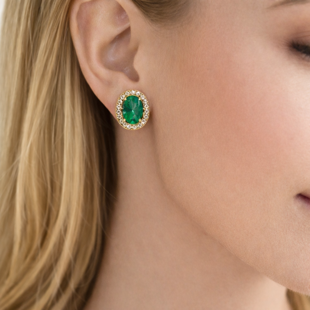 BRINCOS EM OURO COM ZIRCONIAS E PEDRA VERDE