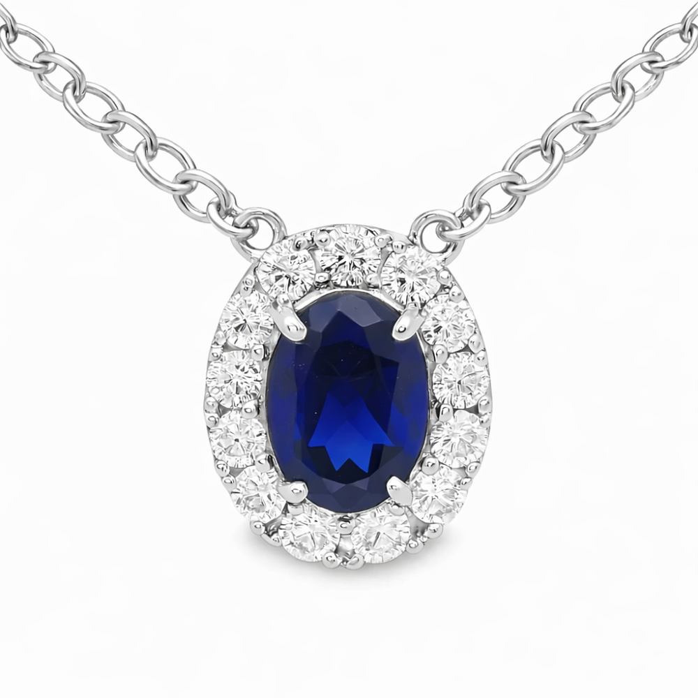 COLAR EM OURO 18K C/ 12 DIAMANTES LABORATORIO 0,36CT 1 SAFIRA LABORATORIO0,89CT