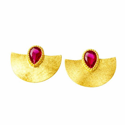 BRINCOS EM PRATA 925% DOURADO COM PEDRA VERMELHA