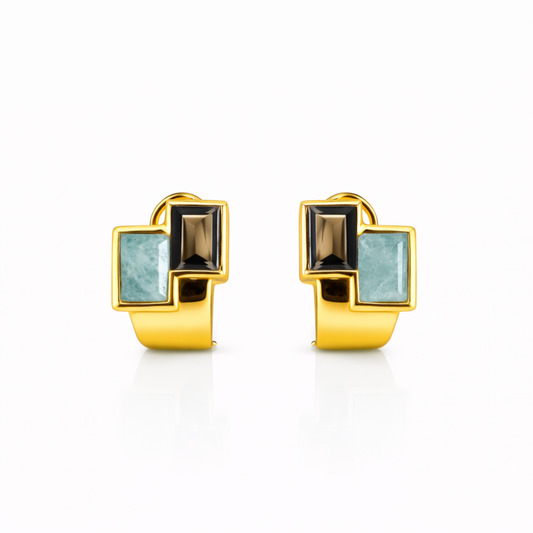 BRINCOS EM OURO 19.2K COM PEDRAS FUME QUARTZ AZUL TRUQUESA