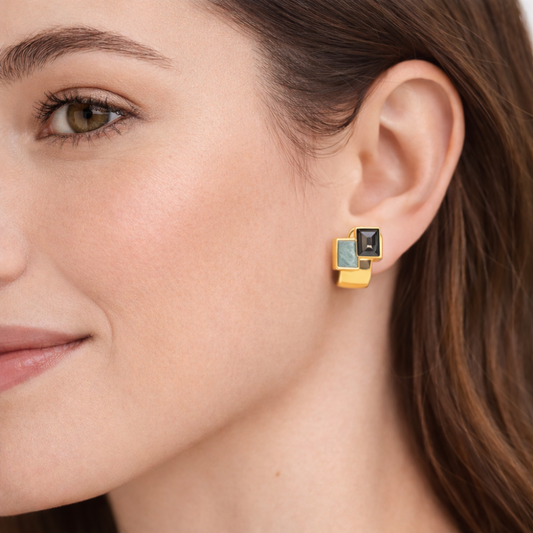 BRINCOS EM OURO 19.2K COM PEDRAS FUME QUARTZ AZUL TRUQUESA