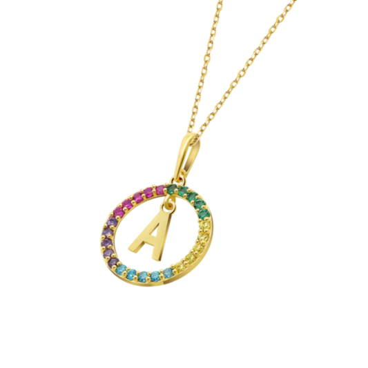COLAR EM OURO 9K LETRA MULTICOLOR