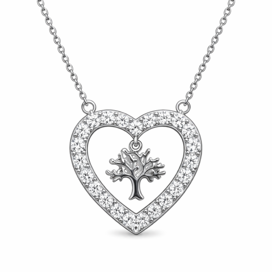 COLAR PRATA CORAÇÃO C/ PEDRAS BRANCAS ARVOR DA VIDA