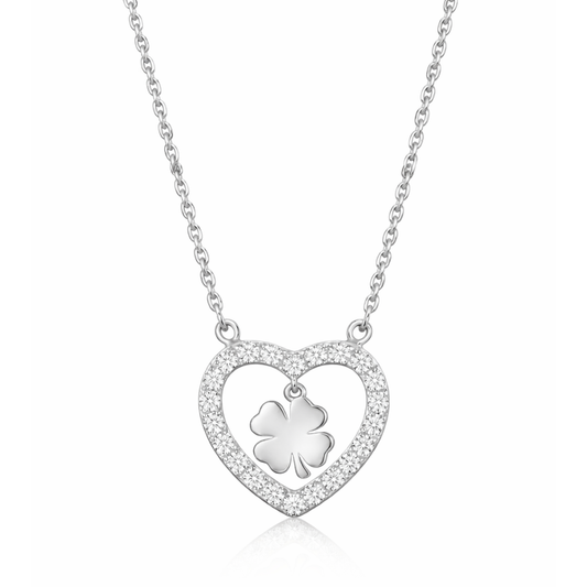 COLAR PRATA CORAÇÃO C/ PEDRAS BRANCAS TREVO