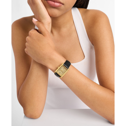 RELOGIO MICHAEL KORS MK4965 DOURADO BRACELETE EM PELE PRETA MOST CHAMPANHE