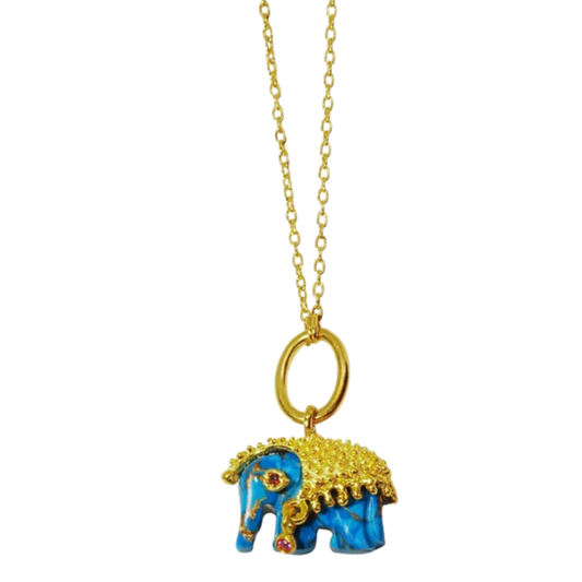 COLAR EM PRATA 925 ELEFANTE COM PEDRA TURQUESA PLAQUEADO A OURO - COULEURS D' ARGENT
