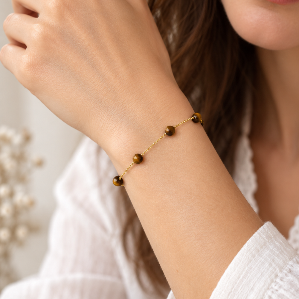 PULSEIRA EM OURO 19.2 COM BOLAS PEDRAS OLHO DE TIGRE