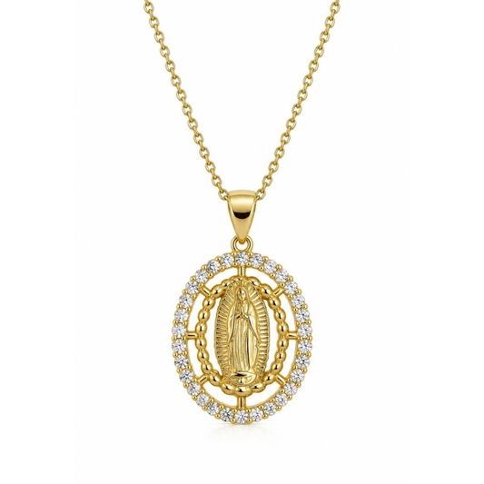 COLAR EM PRATA 925 DOURADA COM PEDRAS E IMAGEM RELIGIOSA