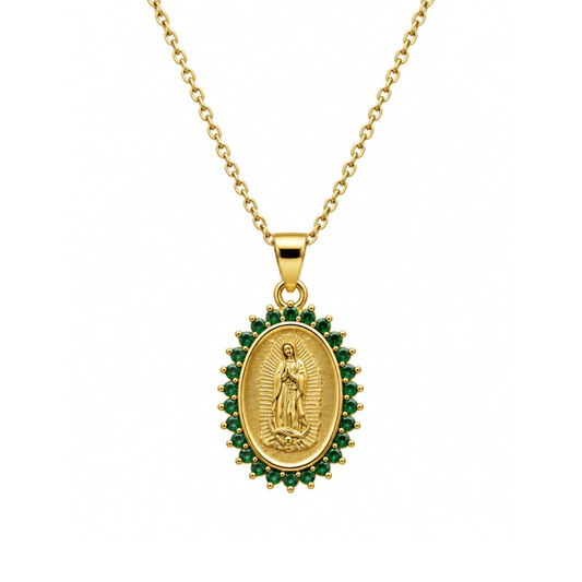 COLAR EM PRATA 925 DOURADA COM PEDRAS VERDES E IMAGEM RELIGIOSA