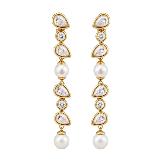 BRINCOS MAJORICA EM PRATA 925% PLAQUEADA A OURO COM ZIRCONIAS E PEROLAS 5MM