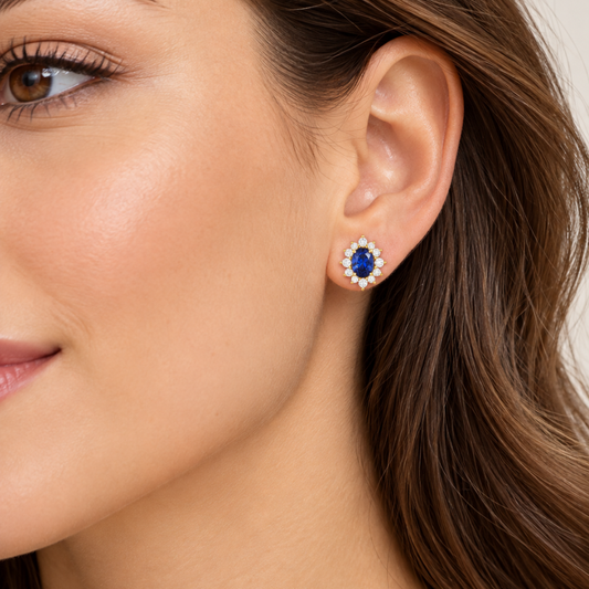 BRINCOS EM PRATA 925% PLAQUEADO A OURO C/ ZIRCONIAS ( AZUL)