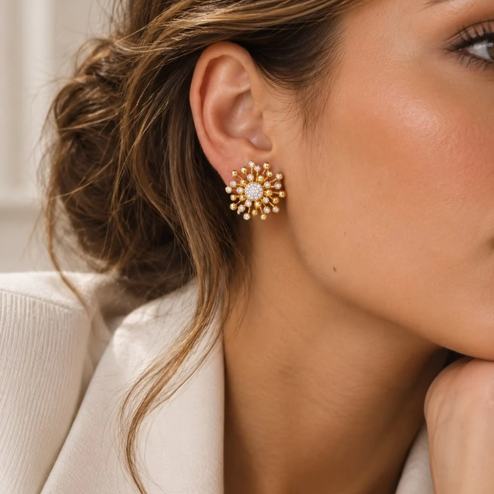 BRINCOS SOVRANI EM BRONZE PLAQUEADO A OURO 18K COM ZIRCONIAS 2CM