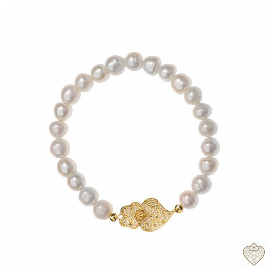 PULSEIRA EM PEROLAS FILIGRANA SAUDADE COM CORAÇÃO EM PRATA 925 DOURADA 1.50GR