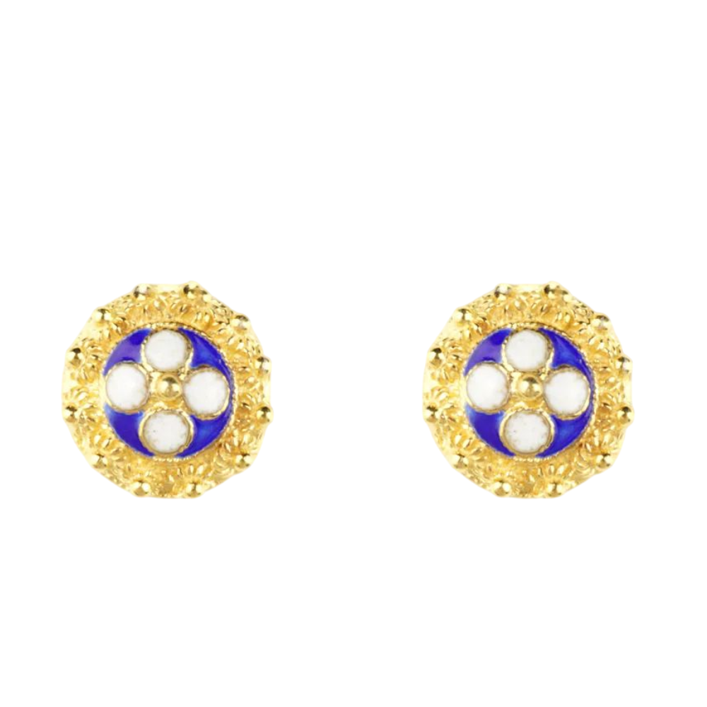 BRINCOS EM PRATA 925% DOURADA COM ESMALTE AZUL