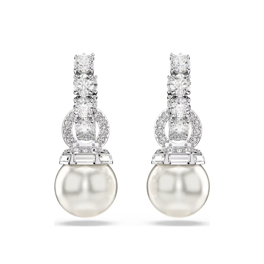 Brincos Swarovski compridos Matrix Crystal Pearl, Lapidação redonda, Branco, Lacado a ródio