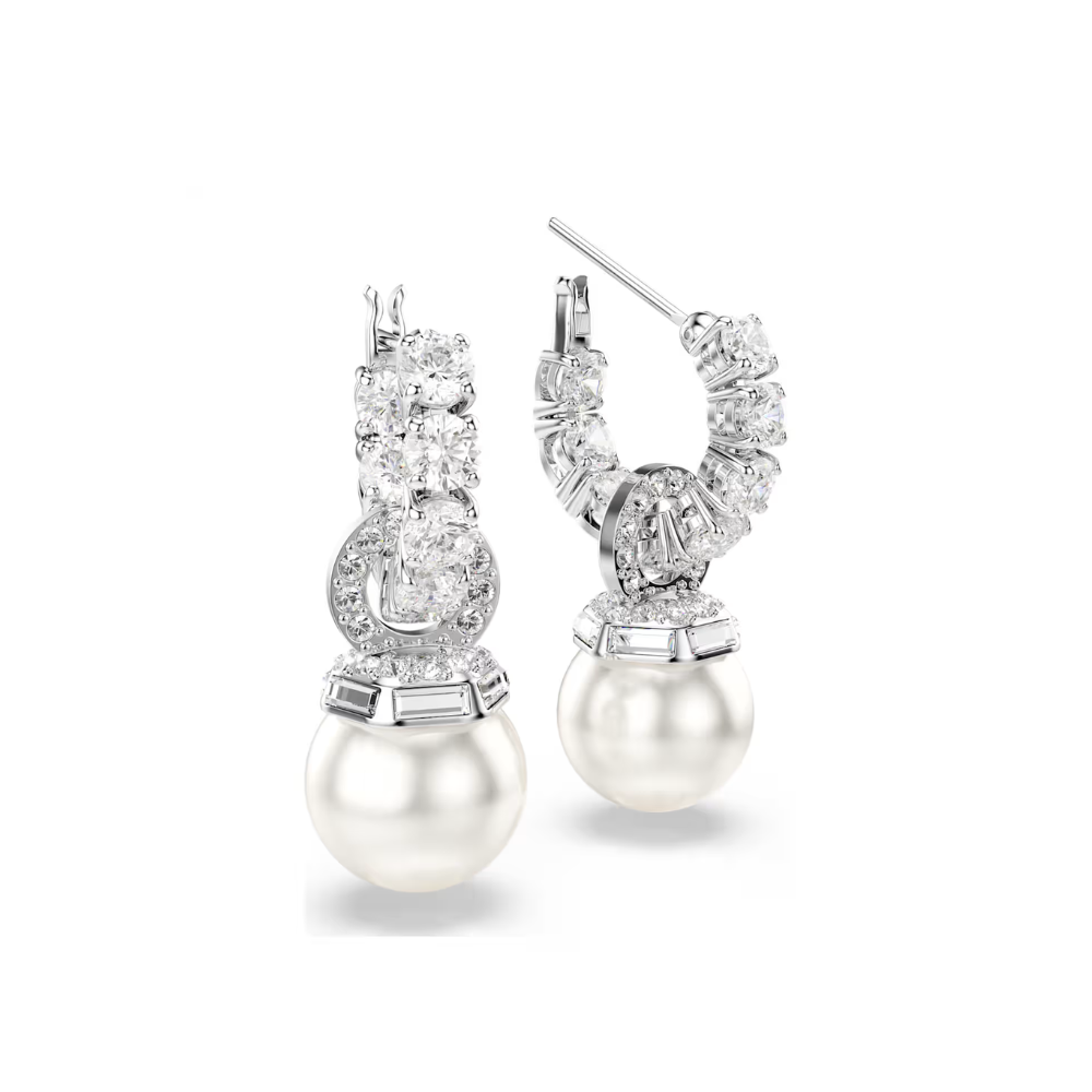 Brincos Swarovski compridos Matrix Crystal Pearl, Lapidação redonda, Branco, Lacado a ródio