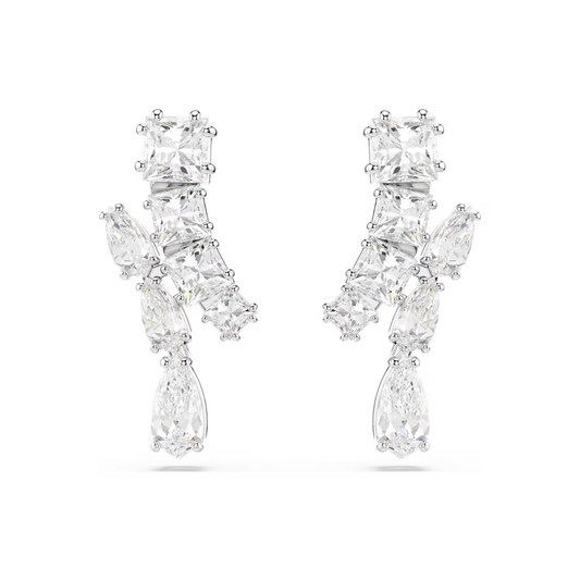 Brincos Swarovski compridos Matrix, Combinação de lapidações, Branco, Lacado a ródio