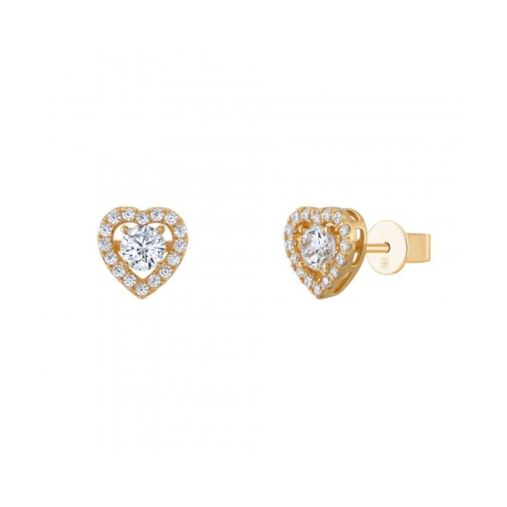 BRINCOS UNIKE SOLITAIRE HEART PRATA DOURADA 925% C/ ZIRCONIAS