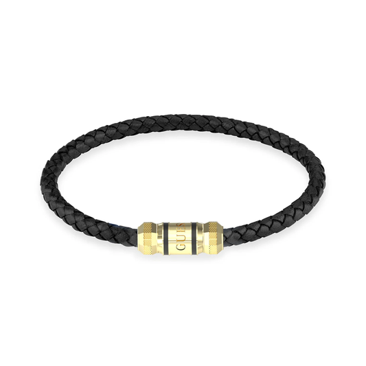 PULSEIRA GUESS HOMEM PELE PRETA FECHO AÇO DOURADO
