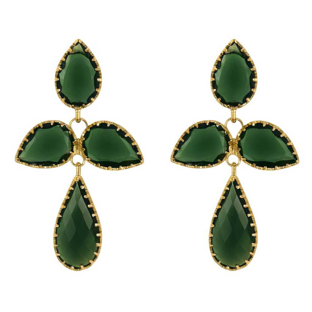 BRINCOS EM PRATA 925% DOURADA COM 4 PEDRAS VERDES