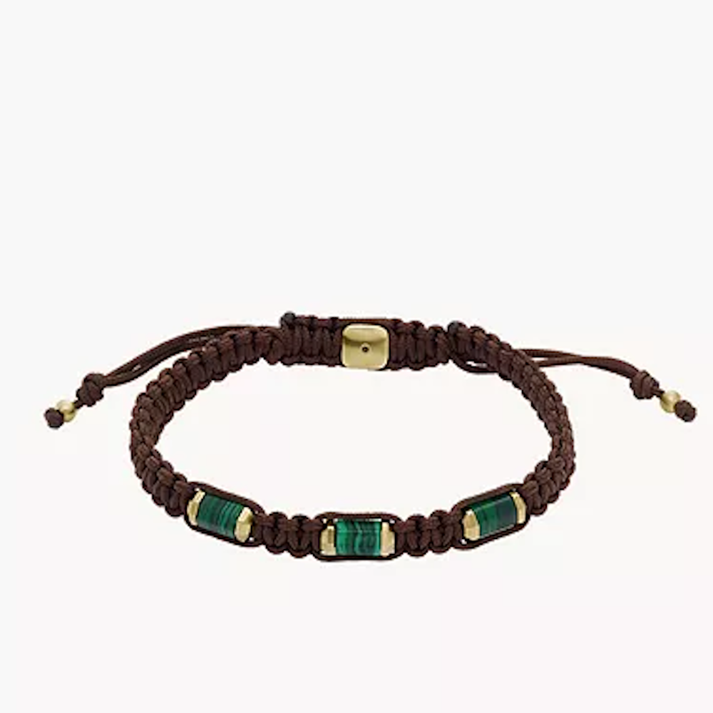 PULSEIRA FOSSIL AÇO C/ FIO SEDA CASTANHO E PEDRA JADE