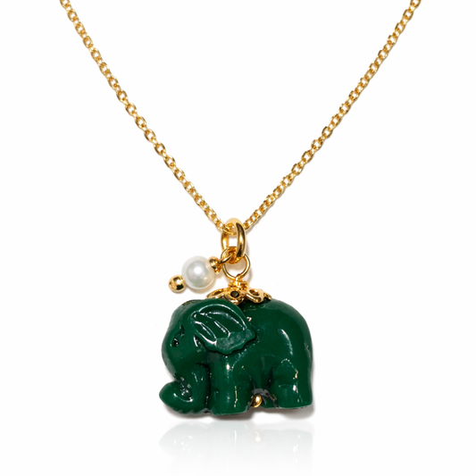 COLAR EM PRATA 925 ELEFANTE VERDE COM PEROLA