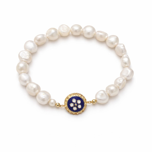 PULSEIRA EM PRATA 925 COM PEROLAS 5MM E CARAMUJO