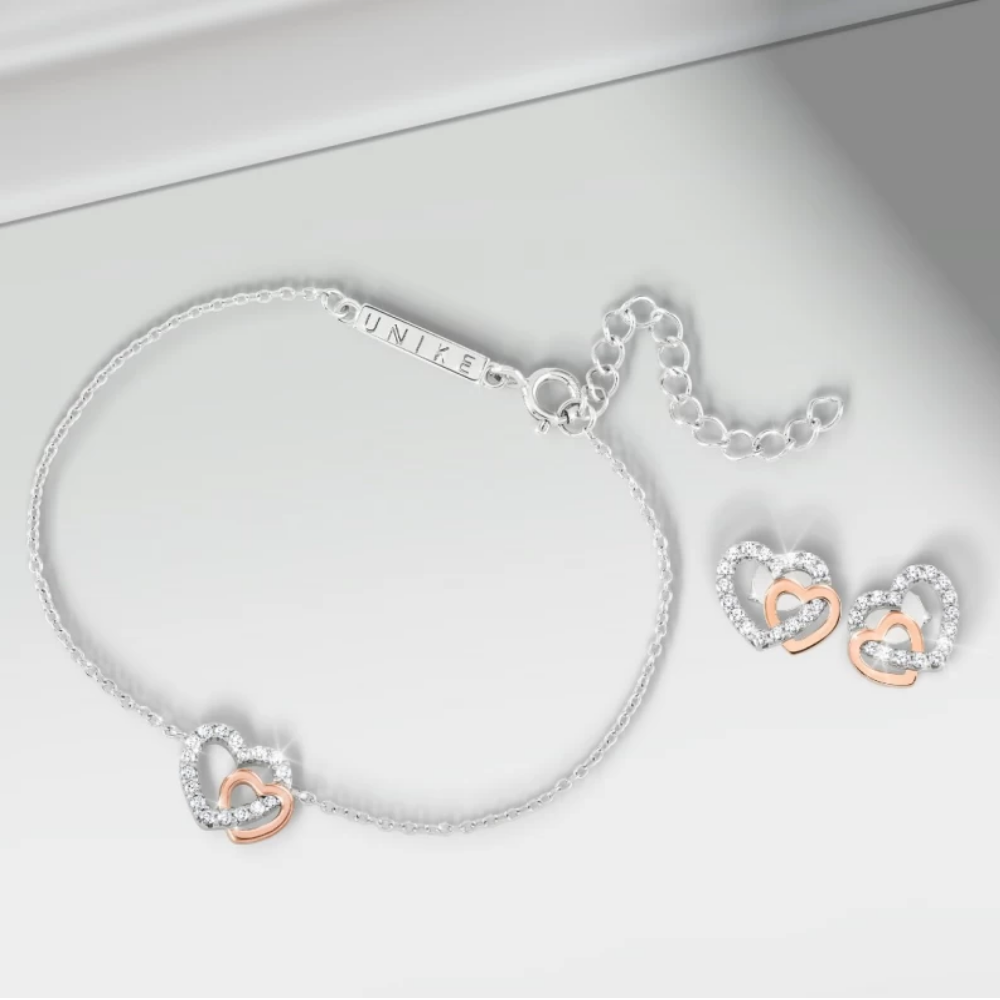 PULSEIRA UNIKE CLASSY & CHIC TWO HEARTS EM PRATA 925% COMZIRCÓNIAS "UK.PU.1204.0056"