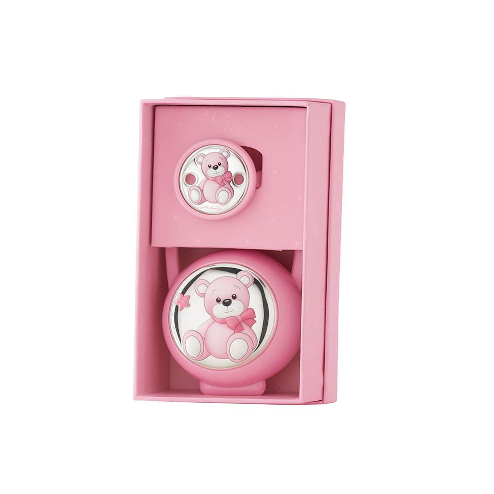 SET PINZA + PORTA CHUPETAS OSO LAZO ROSA