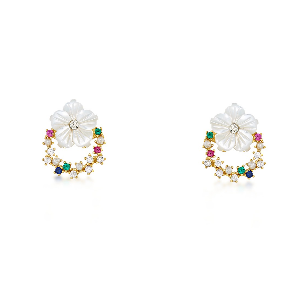 BRINCOS EM PRATA 925 COM FLORES E ZIRCONIAS