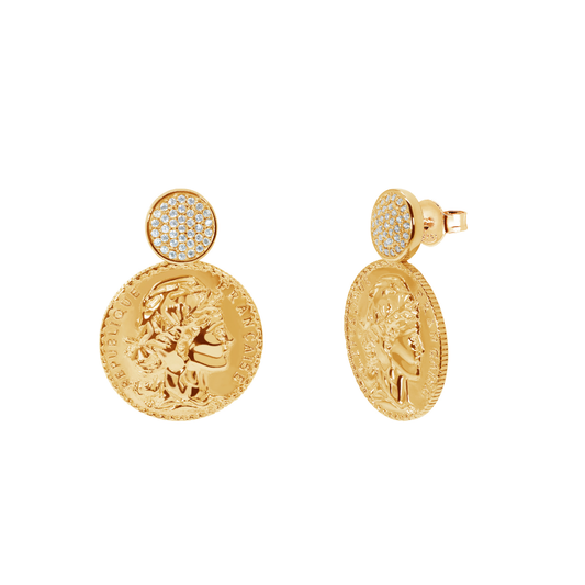 BRINCOS EM PRATA 925% DOURADA C/ MEDALHA ( MOEDA ) EUGENIO CAMPOS