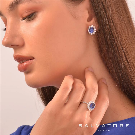 BRINCOS EM PRATA 925% COM ZIRCÓNIAS BRANCAS E AZUL