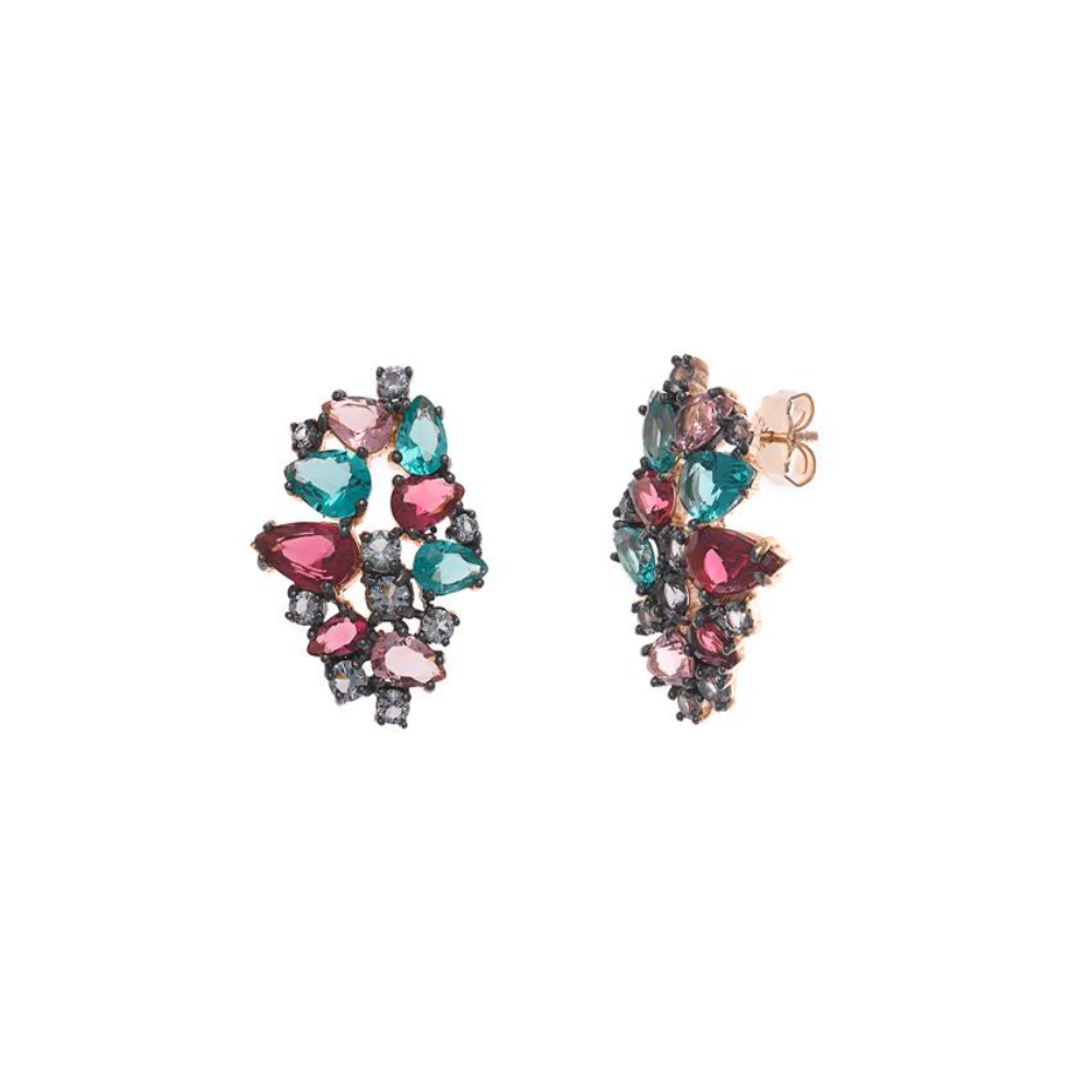 BRINCOS SALVATORE EM PRATA 925% ROSE GOLD COM CRISTAIS ROSA E ESMERALDA