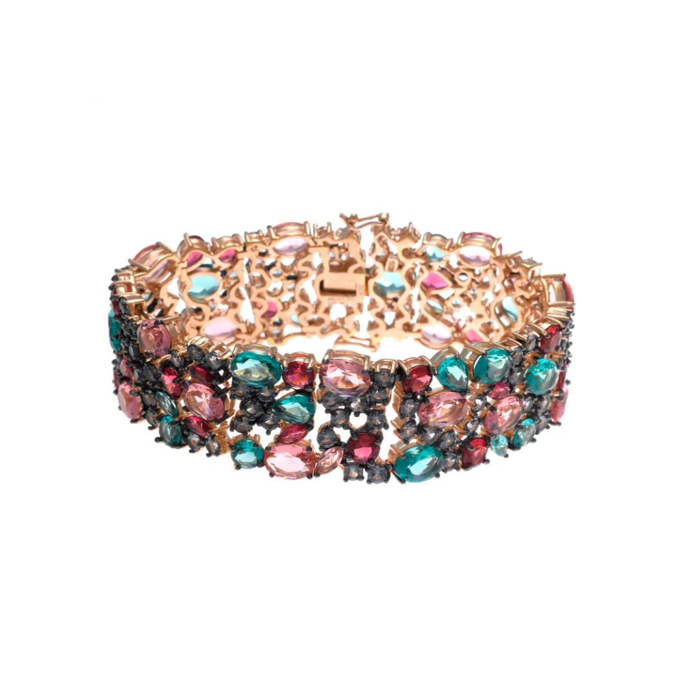 PULSEIRA SALVATORE EM PRATA 925% ROSE GOLD COM CRISTAIS ROSA E ESMERALDAS